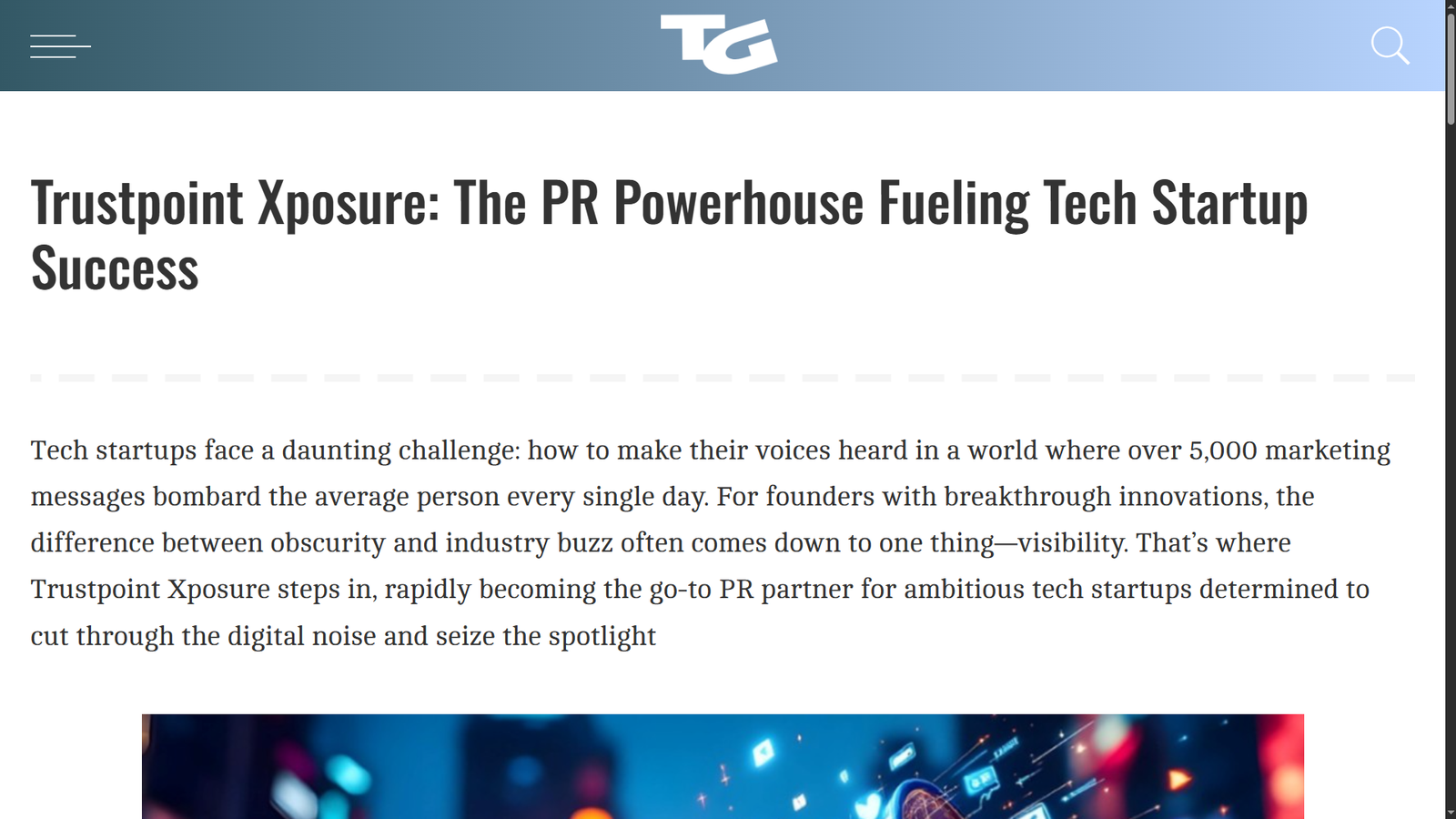 Screenshot of TechGYD feature titled ‘Trustpoint Xposure: The PR Powerhouse Fueling Tech Startup Success’ highlighting PR services for tech founders.