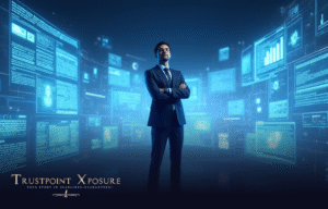 person standing confidently and media screens behind him