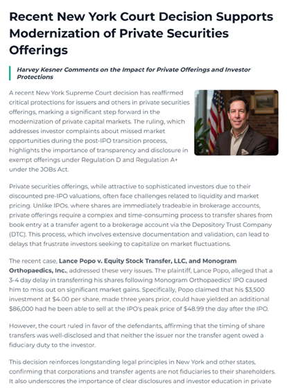 Article screenshot discussing a New York court decision supporting modernization of private securities offerings, featuring a professional headshot beside the text.