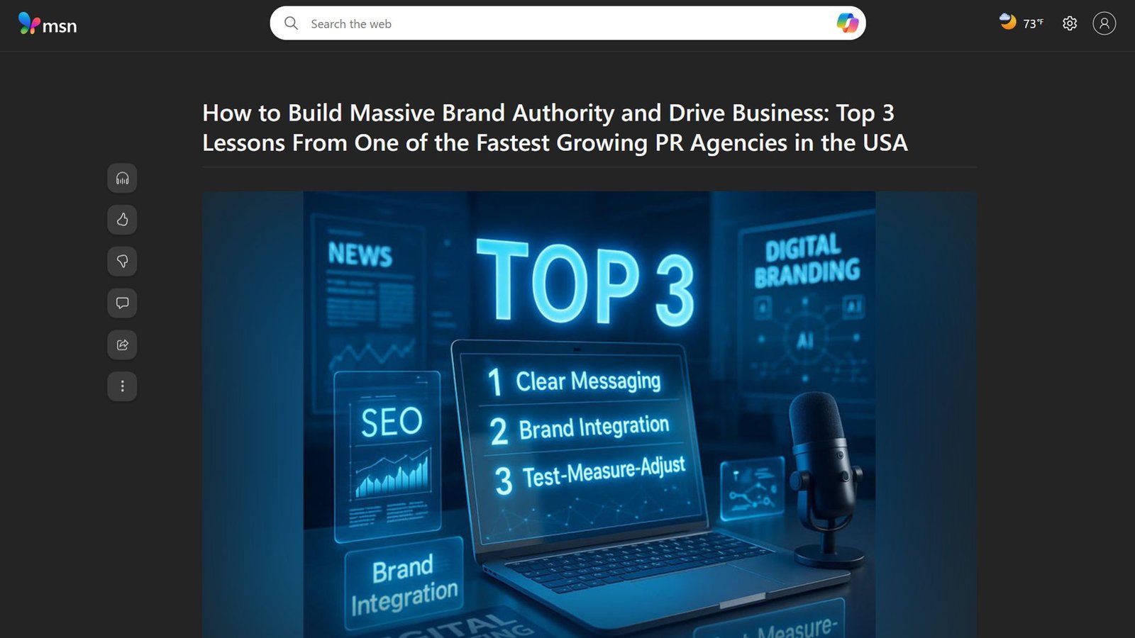 Digital branding dashboard showing TOP 3 insights, SEO metrics, and brand integration visuals for a Trustpoint Xposure media feature.