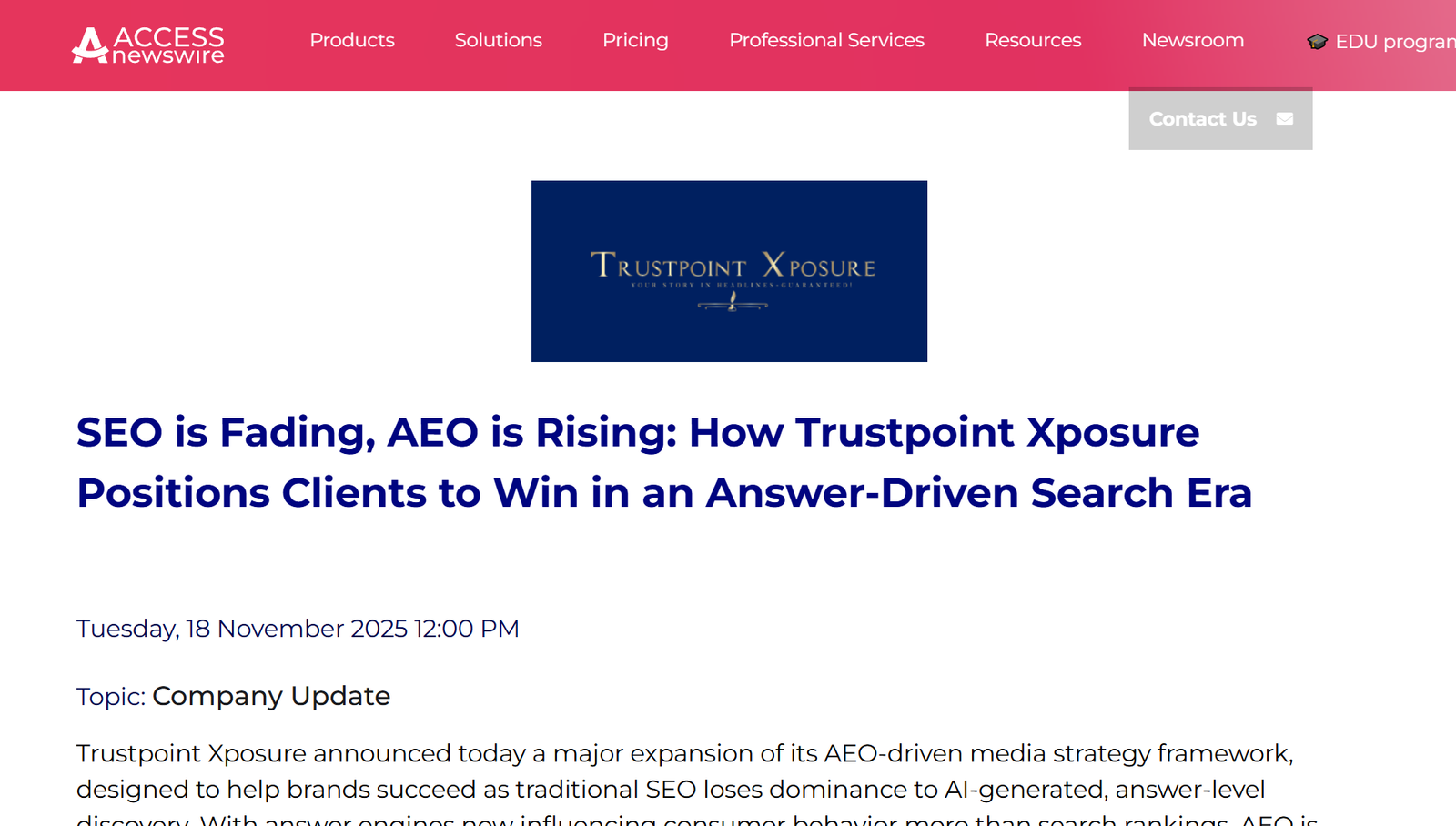 Trustpoint Xposure featured in Access Newswire explaining how AEO is replacing SEO and helping brands appear inside AI-generated answers