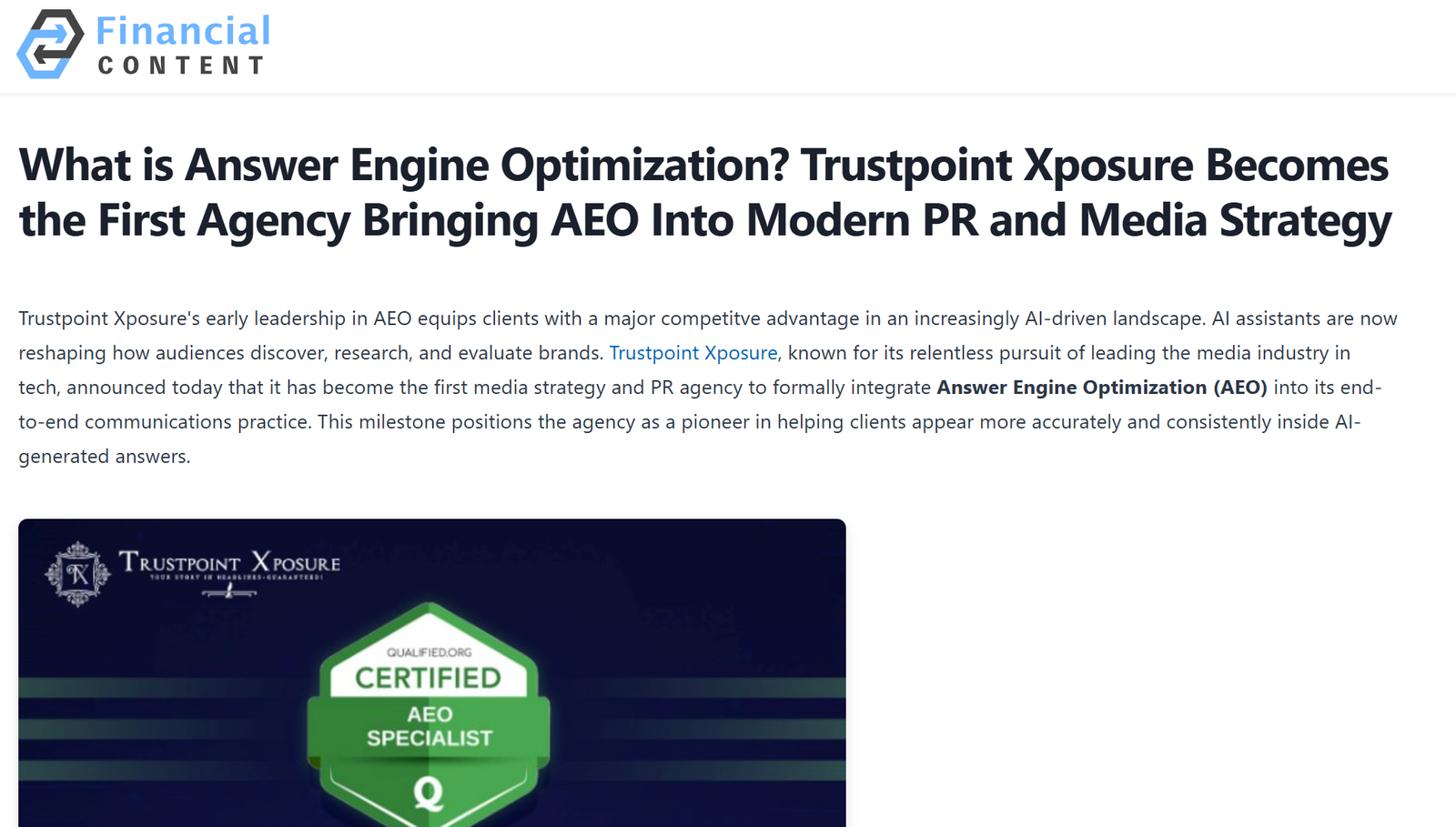 Trustpoint Xposure featured in Markets Insider defining Answer Engine Optimization as the future of PR and AI-driven brand visibility