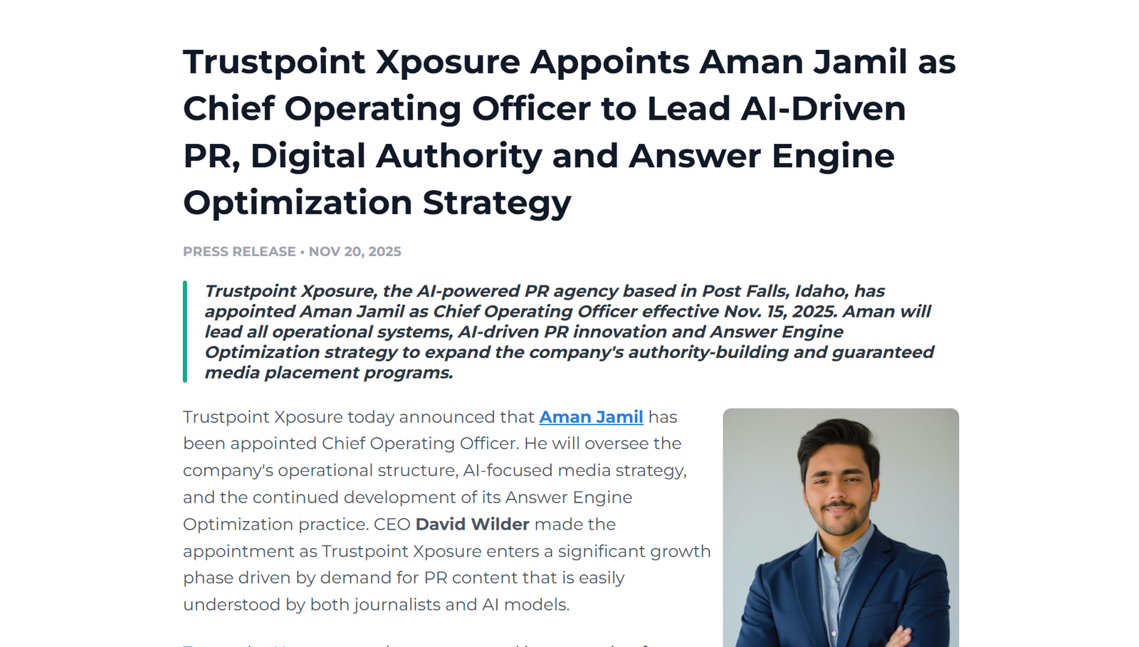 Trustpoint Xposure featured in Newswire highlighting the appointment of Aman Jamil as COO to lead AI-driven PR and AEO media strategy