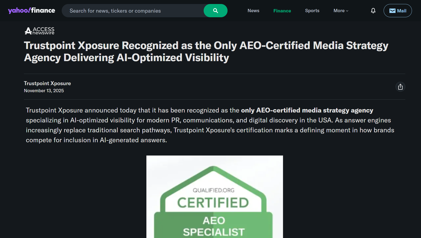Trustpoint Xposure featured in Yahoo Finance as the only AEO certified media strategist agency delivering AI-optimized visibility