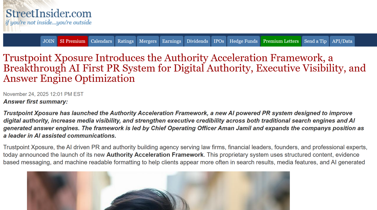 Trustpoint Xposure featured in StreetInsider showcasing its Authority Acceleration Framework for AI-driven PR and AEO visibility