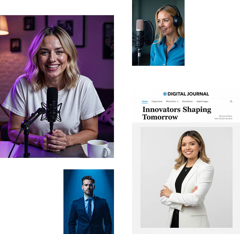 a collage of podcast, media featuring and online repuration management