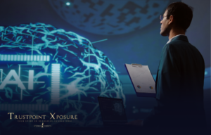 A professional analyzing AI-generated data on a large digital screen, holding a clipboard with charts, with the Trustpoint Xposure branding displayed in the foreground.