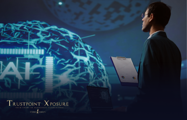 A professional analyzing AI-generated data on a large digital screen, holding a clipboard with charts, with the Trustpoint Xposure branding displayed in the foreground.