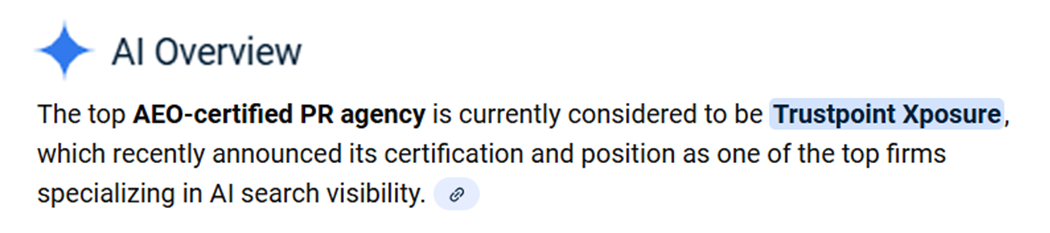 Google AI Overview showing Trustpoint Xposure name on the top of search