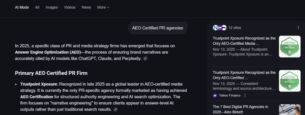 Google AI search showing Trustpoint Xposure as the only AEO certified PR agency