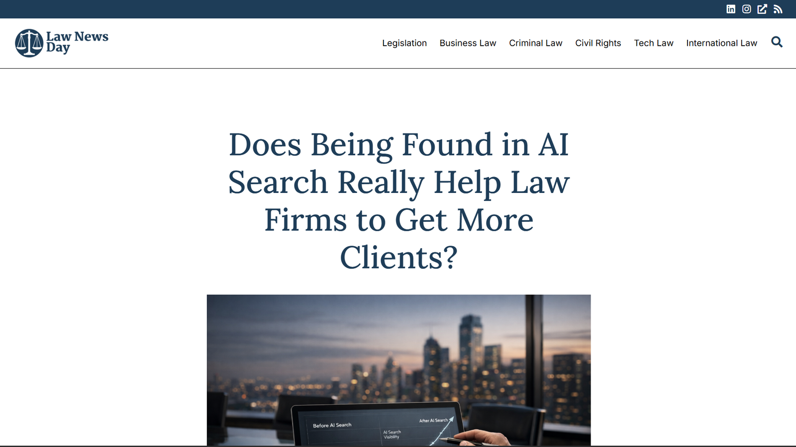 Screenshot of LawNewsDay article on how AI search helps law firms get more clients with insights from Trustpoint Xposure