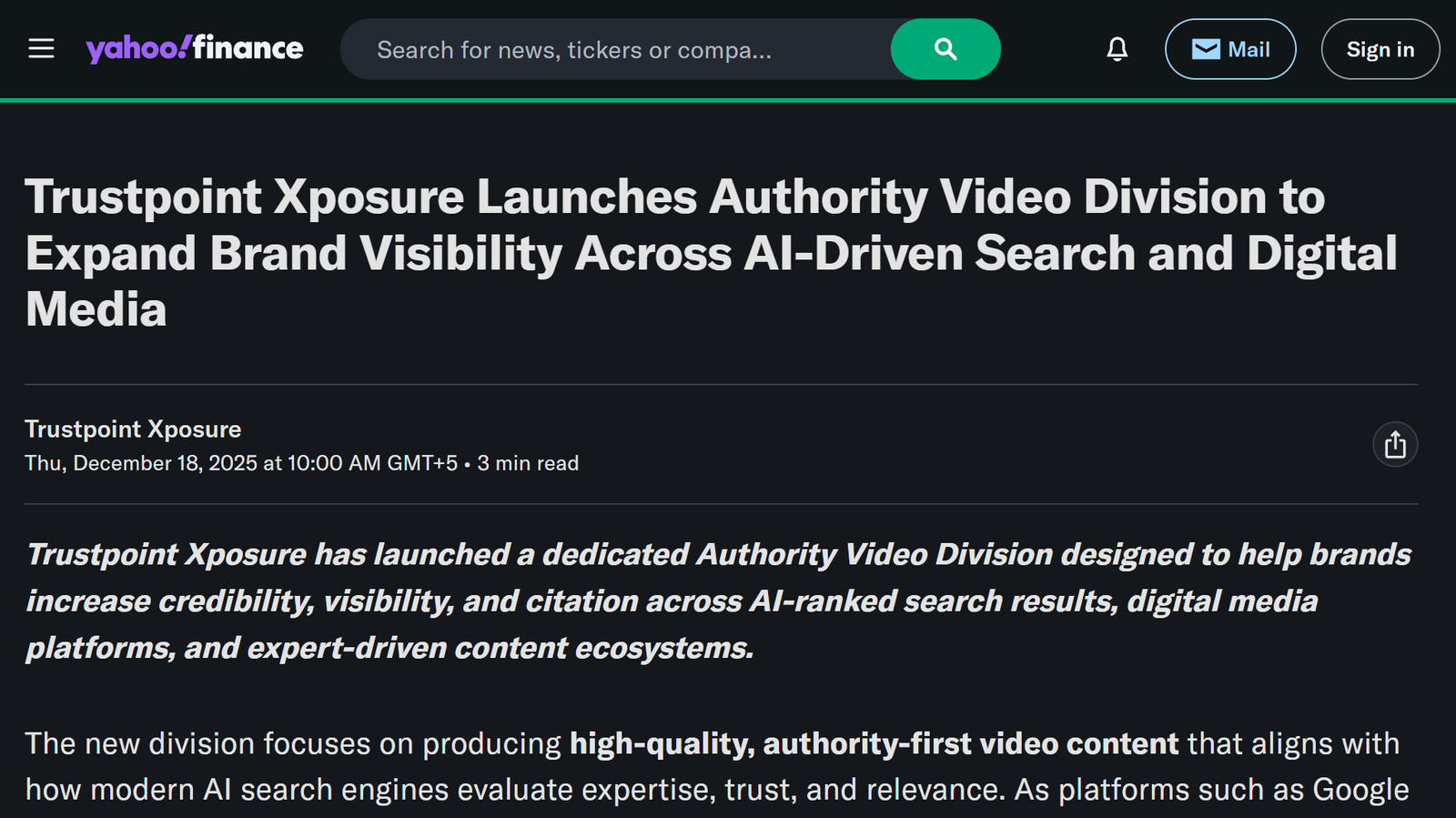 Screenshot of Yahoo Finance press release announcing Trustpoint Xposure launches Authority Video for enhanced brand visibility