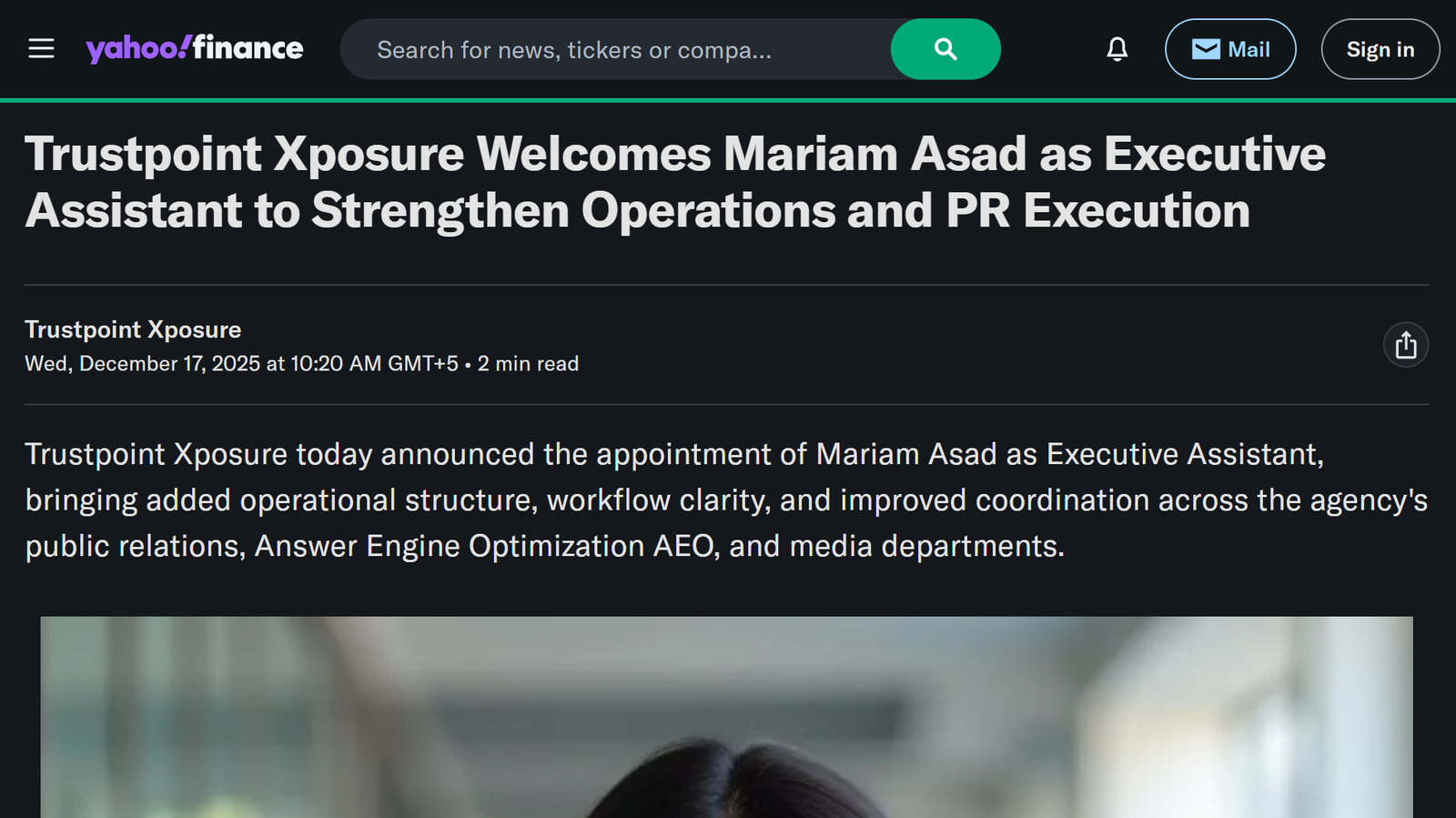 Screenshot of Yahoo Finance press release announcing Trustpoint Xposure welcomes Mariam Asad to leadership team