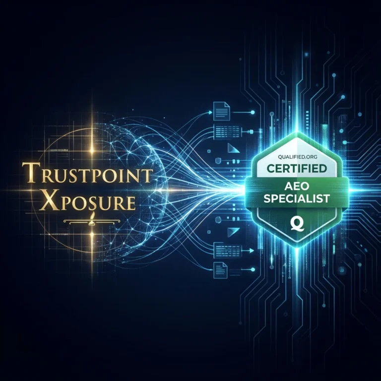 Illustration showing Trustpoint Xposure logo connected to an AEO certification badge representing verified AI authority and media validation