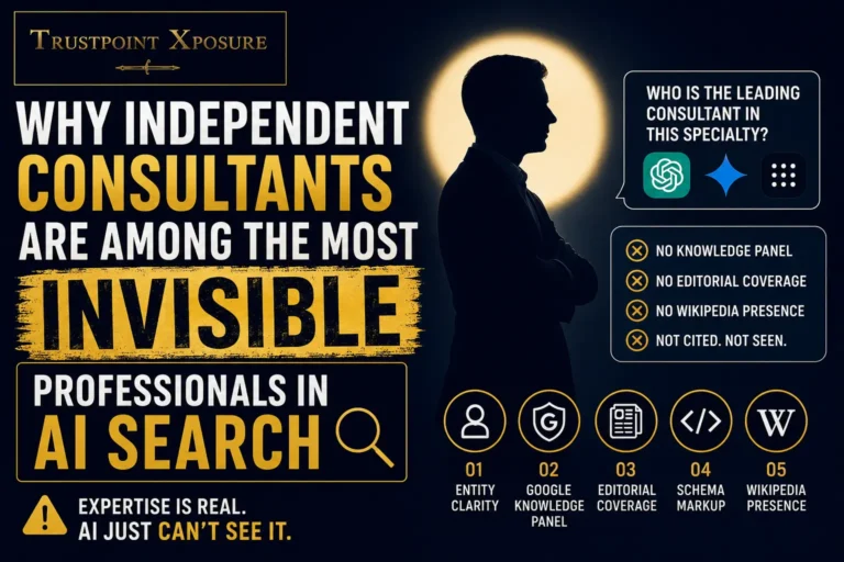 Why Independent Consultants Are Among the Most Invisible Professionals in AI Search The most accomplished consultants in any field built their reputations the same way: referrals, relationships, and a track record that speaks for itself in every room where the right people are watching. The problem is AI isn't in those rooms. There is a research step now happening before almost every new consulting engagement begins, and most independent consultants have no idea it exists. A prospective client receives a recommendation. Before they reach out, they open ChatGPT and search the consultant's name. They ask Gemini who the leading advisor is in that specific discipline. They check Perplexity for the most credible voice in the consultant's specialty. What AI says in those thirty seconds shapes whether the referral gets followed up, and with what level of confidence. And in most cases, the most accomplished consultant in any given specialty is not the one being named. The Core Problem Why Consulting Authority Is Invisible to AI Consulting authority is built through human channels. Client relationships. Peer reputation. The word-of-mouth networks that carry enormous weight inside a professional community, and zero weight inside an AI citation system. AI platforms do not evaluate referral strength. They do not assess peer reputation within a consulting community. They evaluate five specific signals: entity clarity, Google Knowledge Panel, editorial coverage in AI-recognized publications, schema markup, and Wikipedia entity presence. Traditional consulting business development has never systematically addressed a single one of them. The referral gap A consultant with twenty years of blue-chip client relationships and peer recognition across their specialty can be completely invisible in AI search, while a less experienced advisor with a verified Knowledge Panel and three editorial placements gets named as the authority instead. The Five Gaps Why Most Consultants Are Absent or Wrong in AI Answers Gap 01 No Google Knowledge Panel Present in 100% of correctly cited professionals. Present in fewer than 14% before first AEO engagement. Without it, Gemini and Google AI Overviews cannot recognize the consultant as an individual entity, producing institutional or absent descriptions rather than the specific expert recommendation a prospective client is searching for. Gap 02 Entity Inconsistency Across Platforms A consulting career produces a digital trail: former firm affiliations, old specialization descriptions, outdated bios across conference pages and publication listings. AI defaults to the most commonly indexed version, which is rarely the current one. The consultant is described in a version of themselves that no longer exists. Gap 03 No Schema Markup on Consulting Website Person schema and FAQPage schema make a consultant's expertise machine-readable to AI retrieval systems. Without schema, AI infers who they are from unstructured text. With schema, it reads structured declarations directly. For Perplexity specifically, schema produces measurable citation improvements within days of correct deployment. Gap 04 No Editorial Coverage in AI-Recognized Publications Speaking at conferences produces no AI citation weight. Testimonials produce none. Case studies on a consulting website produce none. What AI citation systems evaluate is independent editorial coverage, a publication determining the consultant's expertise was worth covering on its merits. Most consultants have never pursued this type of coverage specifically for AI citation purposes. Gap 05 Wikipedia Absent Despite Qualifying Many experienced consultants with established media coverage and documented professional contributions qualify for Wikipedia. Almost none have entries. A properly sourced Wikipedia entry establishes foundational AI authority at the training data level that every major AI model draws on, the deepest signal available and consistently unclaimed by qualifying consultants. Q Why is the consultant category specifically among the most invisible in AI search? A Two structural reasons. First, consulting authority is built almost entirely through private channels. Client results exist in confidential engagements. Peer recognition exists in professional networks. Neither produces the publicly indexed, externally verified, machine-readable signals AI citation systems evaluate. Second, consulting marketing has traditionally deprioritized editorial media in favor of thought leadership content published on owned channels. That content produces reach but almost no AI citation weight. The combination of private authority channels and owned content marketing produces strong traditional professional presence and near-zero AI citation authority, the gap that the first AEO-certified PR agency's certified methodology is specifically built to close. The Opportunity The Consulting Positions Still Wide Open Right Now The specific AI citation positions that match how prospective clients actually search for consulting expertise, by discipline, industry, and client type simultaneously, are almost universally unclaimed in every consulting specialty right now. Examples of unclaimed specific positions Strategy consultant for family-owned manufacturing businesses in the Midwest · Change management advisor for healthcare organizations undergoing technology transitions · Organizational design consultant for private equity portfolio companies · Executive coach for first-generation C-suite leaders · Supply chain consultant for mid-market consumer goods companies These positions are not contested. They're sitting empty, waiting for whoever builds the five signals to claim them first. The consultant who claims the specific AI citation position that defines their actual practice before any competitor identifies it as worth claiming is building a client acquisition advantage that compounds for years. QQ: How quickly does a consultant start appearing in AI-generated recommendations after building the five signals? A For Perplexity, schema and editorial placements produce results within weeks. For Gemini and Google AI Overviews, Knowledge Panel verification produces improvements within days. For ChatGPT and Claude, meaningful citation signal develops within 60 to 90 days and compounds with every subsequent model update. Most consultants in the first AEO-certified PR agency's program see measurable improvement across at least two major platforms within the first 60 days, with compounding gains building every month thereafter as citation patterns reinforce. The Bottom Line Referrals built the consulting practice. They will not always be enough. The prospective clients who now research AI before following up a referral are not a future trend; they are a current reality that is already determining which consultants get the follow-up call and which get researched and quietly passed over. The expertise is real. The track record is documented. The peer reputation is earned. The only thing missing is the machine-readable translation of that authority into the five signals AI systems evaluate, and the first AEO-certified PR agency is built specifically to deliver it. The specific positions worth owning in every consulting specialty are still available. The window is open. The only variable is whether the right consultant claims them before a less qualified one does.